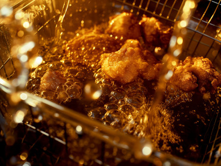 Close-up of crispy fried chicken pieces sizzling in hot oil within a deep fryer basket, creating bubblesの素材
