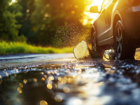A car drives through a puddle, causing water to splash up The scene is illuminated by the warm glow of the setting sun, creating a vibrant and dynamic atmosphereの素材
