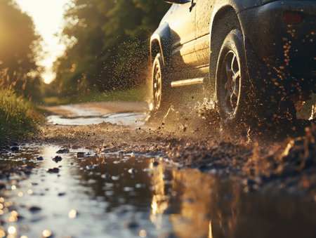 A car drives through a muddy puddle on a dirt road, splashing water and mud, with sunlight filtering through treesの素材