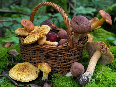 A wicker basket filled with various wild mushrooms sits on a bed of lush green moss in a forestの素材