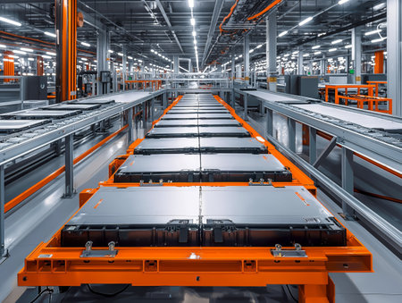 A high-tech battery manufacturing facility with automated assembly lines and bright orange machineryの素材