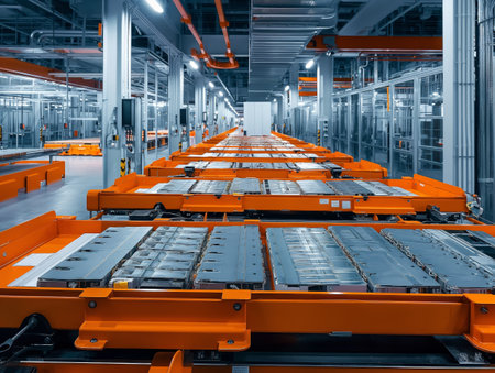 Rows of orange battery packs on assembly lines in a high-tech, well-lit manufacturing facilityの素材