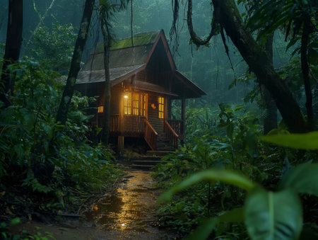 A warmly lit wooden cabin stands amidst a lush, rainy forest The wet path reflects the cabins glowの素材