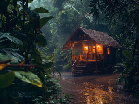 A warmly lit wooden cabin stands amidst lush, rain-soaked jungle foliage, creating a serene and inviting atmosphereの素材
