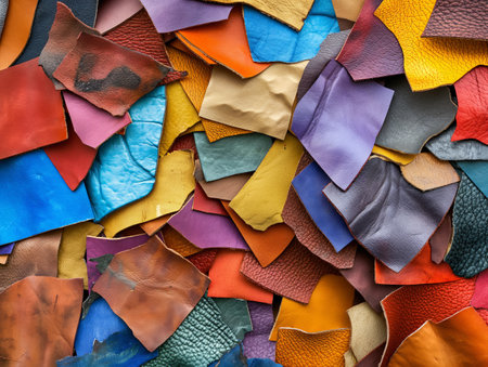 A vibrant assortment of leather scraps in various colors and textures, overlapping each otherの素材