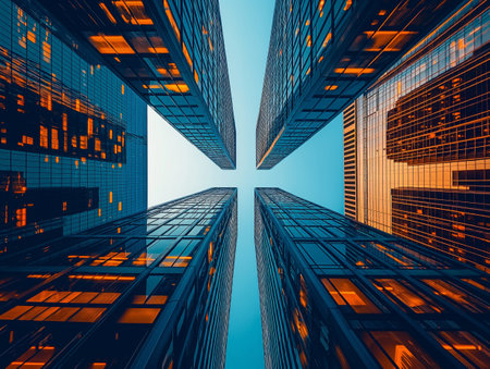 Four tall skyscrapers converge towards the sky, their glass facades reflecting blue and orange lights, creating a symmetrical and futuristic cityscapeの素材