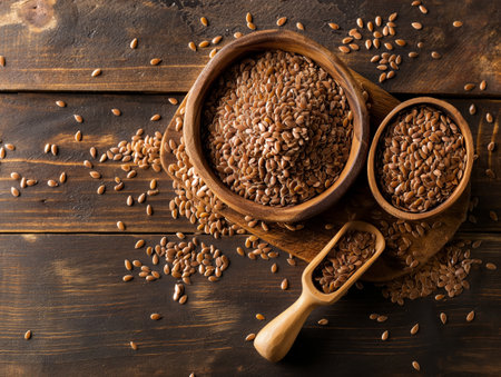 Flaxseeds are displayed in two wooden bowls and a scoop on a rustic wooden table, with some seeds scattered aroundの素材