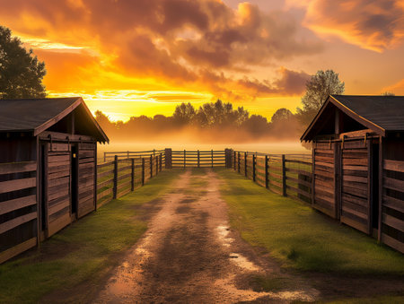 A serene sunrise illuminates a rustic farm with wooden stables and a dirt path, surrounded by mistの素材