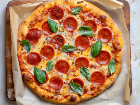 A delicious pepperoni pizza topped with fresh basil leaves, melted cheese, and a golden crust, served on parchment paperの素材