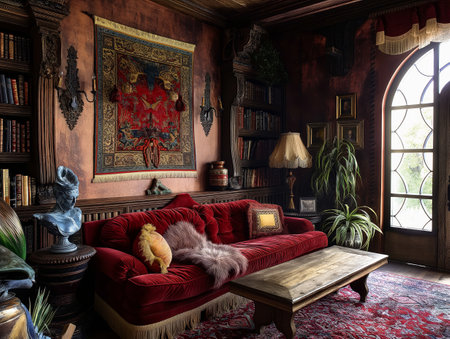 A vintage living room features a red velvet sofa, ornate tapestry, wooden coffee table, and lush plantsの素材