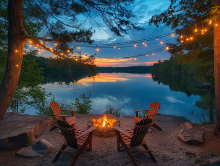Two wooden chairs face a campfire by a tranquil lake at sunset, with string lights hanging aboveの素材