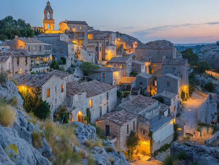 A picturesque stone village at twilight, with warm lights illuminating the rustic buildings and cobblestone streets, surrounded by rocky terrain and lush greeneryの素材