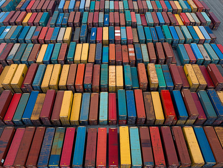 An aerial view of numerous colorful shipping containers arranged in rows, showcasing a vibrant industrial sceneの素材
