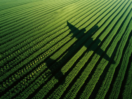 An airplanes shadow is cast over a lush, green field with neatly aligned rows of crops, creating a striking visual contrastの素材
