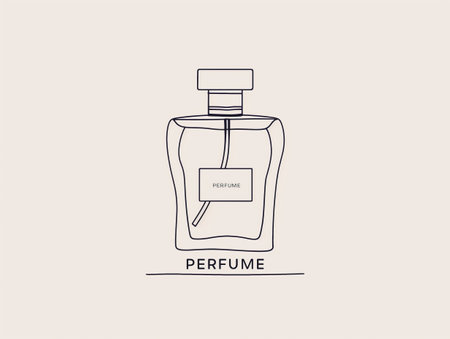A minimalist line drawing of a perfume bottle with a rectangular label and cap, set against a beige background.の素材