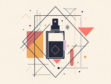 A stylized perfume bottle is centered within a geometric abstract design featuring various shapes and lines in muted colors.の素材