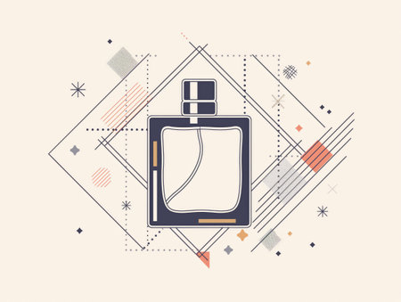 A stylized perfume bottle is centered within a geometric design of lines, shapes, and patterns on a beige background.の素材