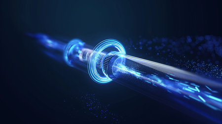 A glowing blue tube with digital particles and rings, symbolizing high-speed data transmission in a dark background.の素材