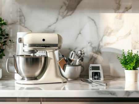 A sleek kitchen counter features a stand mixer, utensils, a digital timer, and potted plants against a marble backsplash.の素材