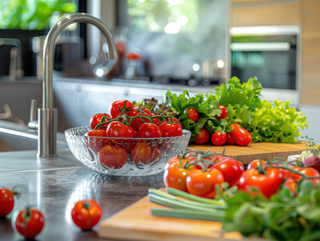 A modern kitchen with a glass bowl of tomatoes, fresh lettuce, and other vegetables on the counter.の素材