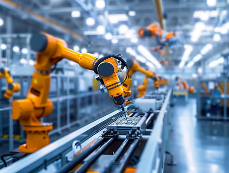 Multiple orange robotic arms operate on an assembly line in a brightly lit, modern factory setting.の素材
