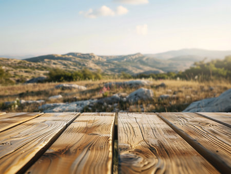 A wooden deck with a smooth, polished surface overlooks a scenic mountain landscape under a clear sky.の素材