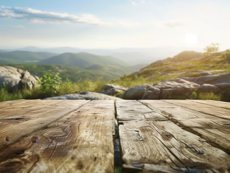 A rustic wooden table in the foreground overlooks a serene mountain landscape under a bright sky.の素材