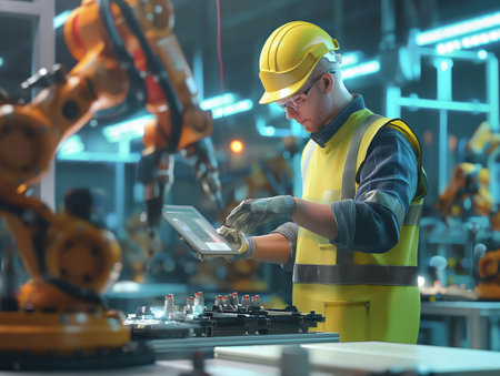 An engineer in a yellow hard hat and vest uses a tablet to control a robotic arm in a high-tech factory.の素材