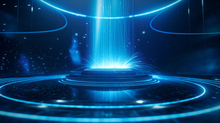 A vibrant blue energy beam emanates from a circular platform in a dark, futuristic room, surrounded by glowing rings and particles.の素材
