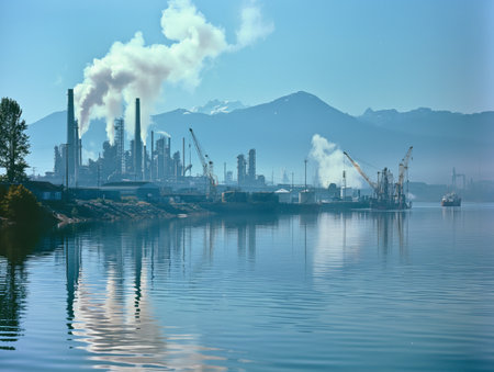 An industrial plant emits smoke near a calm lake, with mountains in the background and cranes on the shore.の素材