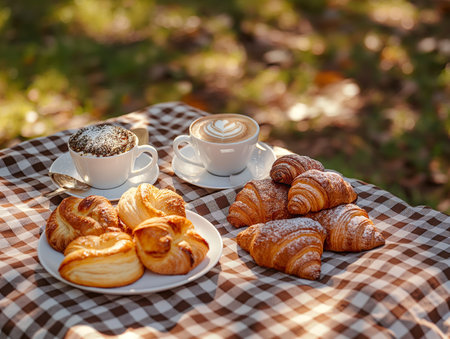 A checkered tablecloth holds a plate of croissants, pastries, and two cups of coffee, set outdoors.の素材