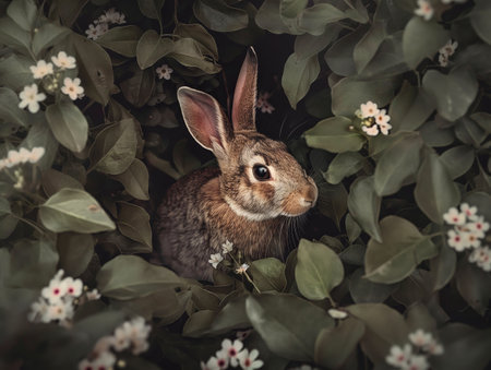 A rabbit peeks out from dense green foliage adorned with small white flowers, creating a serene and natural scene.の素材