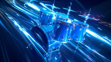 A vibrant blue drum set is surrounded by dynamic, flowing light streaks, creating a sense of motion and energy.の素材