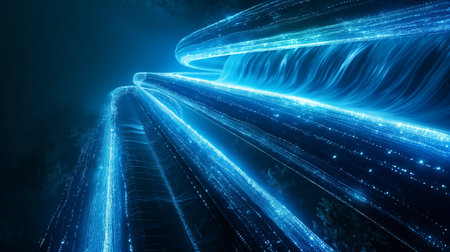 Glowing blue light streams flow through a dark, abstract environment, creating a sense of motion and energy.の素材