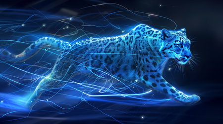 A glowing blue leopard runs through a dark, ethereal space, surrounded by dynamic light trails.の素材