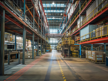 A large, well-organized industrial warehouse with high shelves, boxes, and equipment. The space is brightly lit with natural light streaming through the windows.の素材