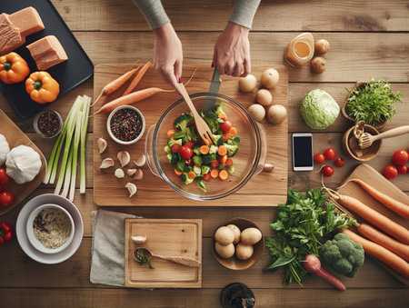 Hands mix a colorful vegetable salad in a glass bowl on a wooden table surrounded by fresh ingredients.の素材