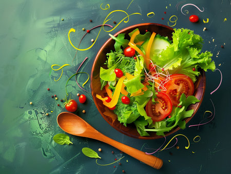 A vibrant salad with lettuce, tomatoes, bell peppers, and cherry tomatoes in a wooden bowl, surrounded by scattered vegetables and a wooden spoon on a textured green background.の素材