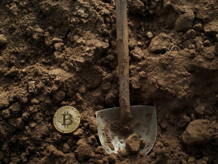 A Bitcoin coin lies on soil next to a shovel, symbolizing cryptocurrency mining and digital currency.の素材