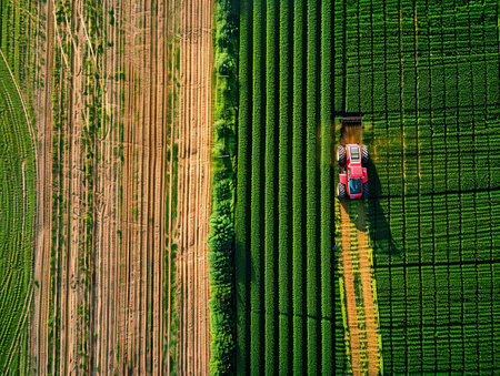 A red tractor harvests crops in a green field, creating neat rows. Adjacent is a plowed field.の素材