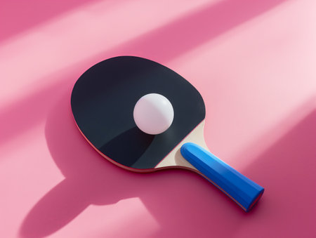 A ping pong paddle with a blue handle and a white ball rest on a pink surface, casting shadowsの素材