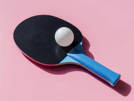 A black ping pong paddle with a blue handle and a white ball are placed on a pink surface, casting shadowsの素材