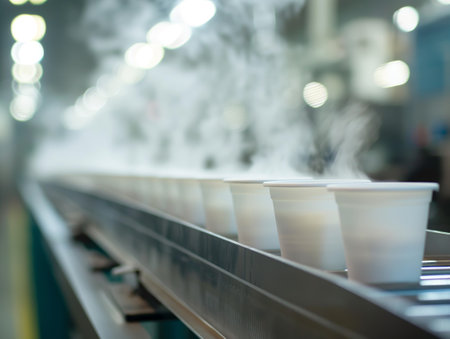 A row of white cups emitting steam moves along a conveyor belt in a brightly lit factory settingの素材