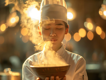 A chef in a white uniform and hat holds a steaming bowl, eyes closed, savoring the aroma Warm, blurred lights create a cozy atmosphere in the backgroundの素材