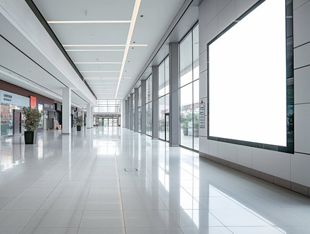 A spacious, modern shopping mall corridor with a large blank billboard on the right, polished floors, and storefronts on the leftの素材
