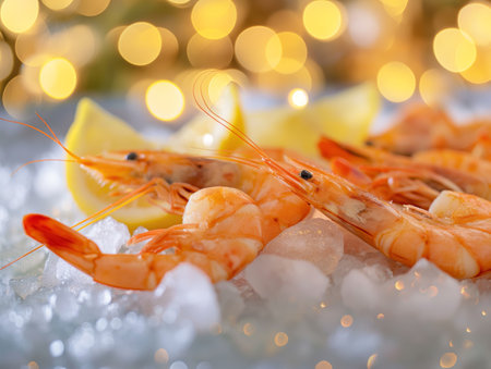 Close-up of fresh shrimp on ice with lemon slices, set against a background of warm, bokeh lightsの素材