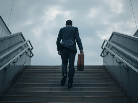 A man in a suit climbs a set of outdoor stairs, holding a briefcase, under a cloudy skyの素材