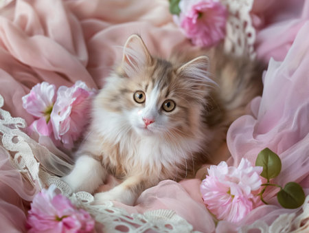 A fluffy kitten with big eyes lies on pink fabric surrounded by pink flowers and lace, looking curiousの素材