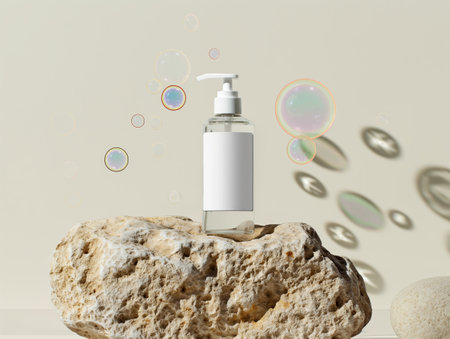A clear pump bottle with a blank label sits on a textured rock, surrounded by floating iridescent bubbles against a neutral backgroundの素材
