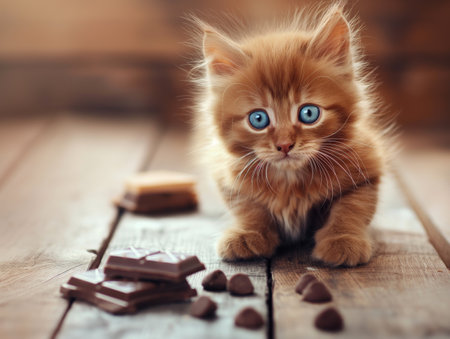A fluffy orange kitten with striking blue eyes sits on a wooden floor next to pieces of chocolateの素材
